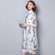 2016夏新款中国风旗袍宽松腰水墨印花七分袖两件套连衣裙