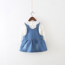 17春款牛仔两件套 荷叶边打底+水洗牛仔背带 女童品牌牛仔裙