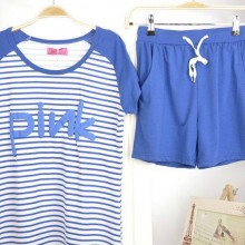 一件代发 短袖短裤夏季新品纯棉睡衣女家居服条纹PINK睡衣套