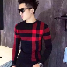 新款韩版潮流时尚彭于晏纯色长袖男装毛衣条纹套头圆领男士针织衫