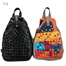 真皮女包双肩包彩色铆钉时尚朋克潮流羊皮背包新款手提书包