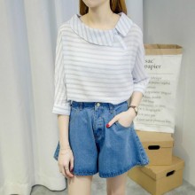 【实拍】韩国新款个性海军风斜门襟纽扣宽松套头衬衫女