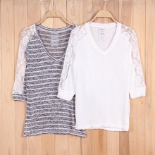 C3132# 外贸库存服装  女式拼接蕾丝 七分袖针织衫