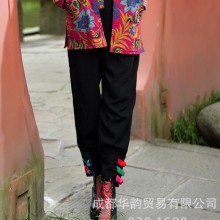 厂家直销民族风女装棉麻宽松哈伦长裤大码休闲裤绣花灯笼裤阔腿裤