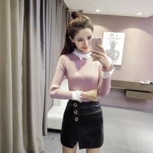 实拍 韩版热销针织衫 显瘦立领蝴蝶结长袖打底螺纹木耳边毛衣女