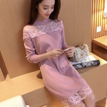 2017春季新款韩版毛衣女拼接蕾丝肩下摆蕾丝中长款打底针织衫