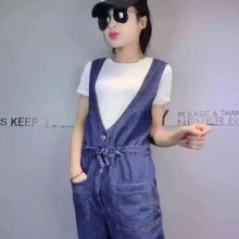 16年夏季欧美新款牛仔背带裤V领时尚收腰系带阔腿牛仔女背带裤