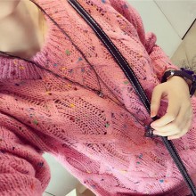 2016春季新款女毛衣碎花圆领针织开衫学院风宽松毛衣女针织外