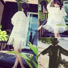 胖妹妹大码女装新款下摆流苏时尚外套韩版开衫半袖蕾丝镂空防晒衣