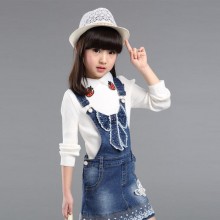 2016童装春款 中大童韩版女童牛仔背带裙 儿童蕾丝边牛仔裙