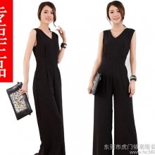 2014夏季韩版新款修身显瘦连衣裤 收腰V领性感阔腿乱麻阔腿裤