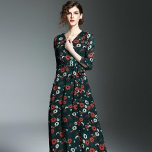 2017春季新款女装气质V领显瘦印花连衣裙欧美时尚系带收腰中