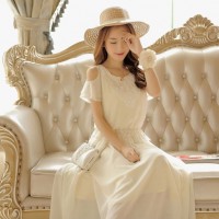 2015春夏新款连衣裙 小清新露肩 精美绣花舒适雪纺连衣裙长